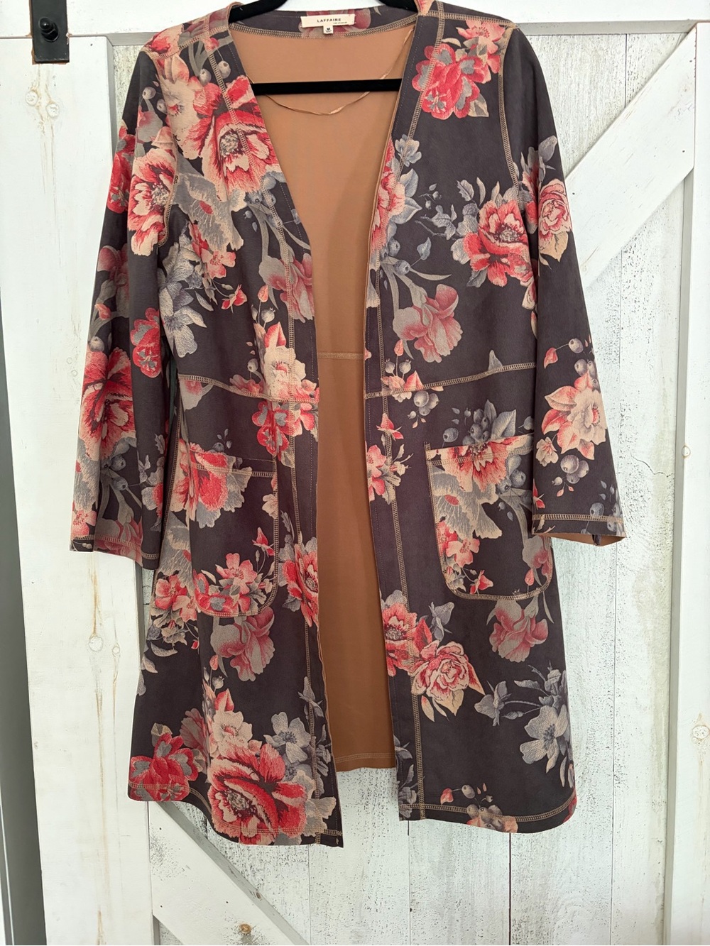 Suede texture Floral Open Front Longline Cardigan/Jacket - Brown & Coral